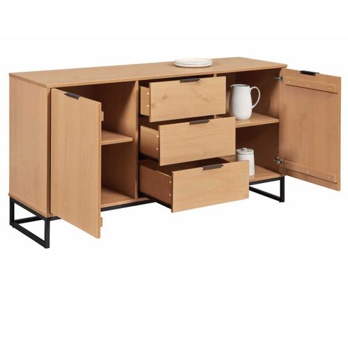 Buffet 2 Portes 3 Tiroirs En Pin Massif Teinté Chêne Piètement Noir - Cathy