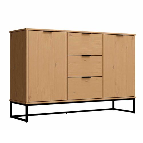 Buffet 2 Portes 3 Tiroirs En Pin Massif Teinté Chêne Piètement Noir - Cathy