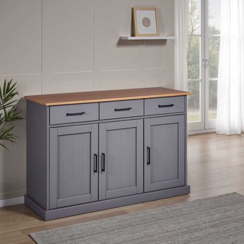 Buffet 3 Portes 3 Tiroirs En Pin Massif Teinté Gris Plateau Teinté Chêne - Fabio