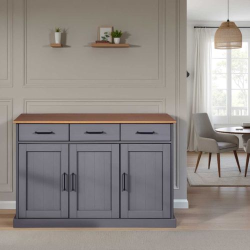 Buffet 3 Portes 3 Tiroirs En Pin Massif Teinté Gris Plateau Teinté Chêne - Fabio