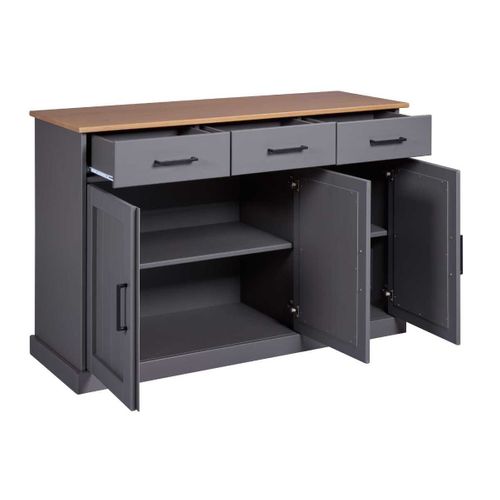 Buffet 3 Portes 3 Tiroirs En Pin Massif Teinté Gris Plateau Teinté Chêne - Fabio