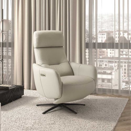 Fauteuil Relax Électrique Pivotant Avec Têtière Manuelle Tout Cuir Gris Clair - Reane
