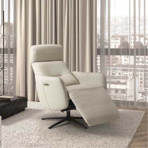 Fauteuil Relax Électrique Pivotant Avec Têtière Manuelle Tout Cuir Gris Clair - Reane