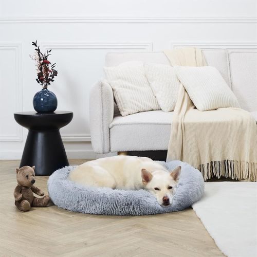 Coussin Pour Animaux Rond Diamètre 80 Cm En Fourrure Synthétique Ultra Douce Gris -