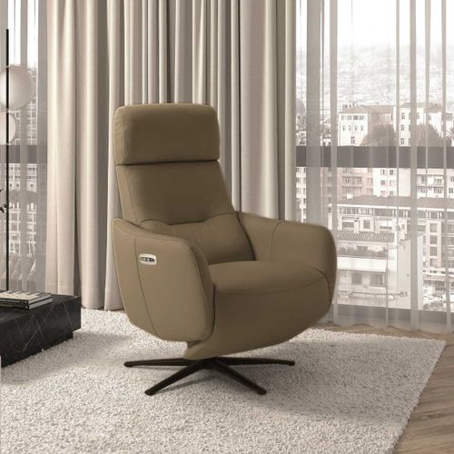 Fauteuil Relax Électrique Pivotant Avec Têtière Manuelle Tout Cuir Marron Clair - Reane