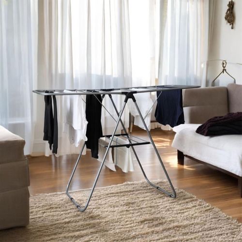 Etendoir à Linge Pliable 15 Mètres Étendage Tubes Métallique Gris -