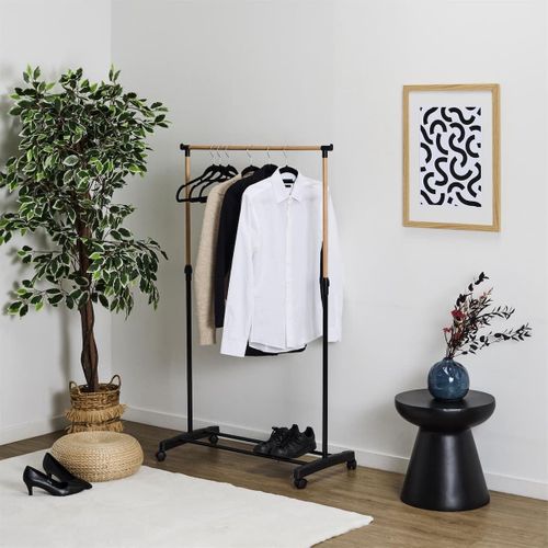 Portant Hauteur Ajustable Sur Roulettes Noir Et Effet Bois -