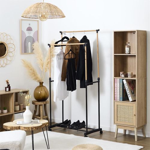 Portant Double Hauteur Ajustable Sur Roulettes Noir Et Effet Bois -