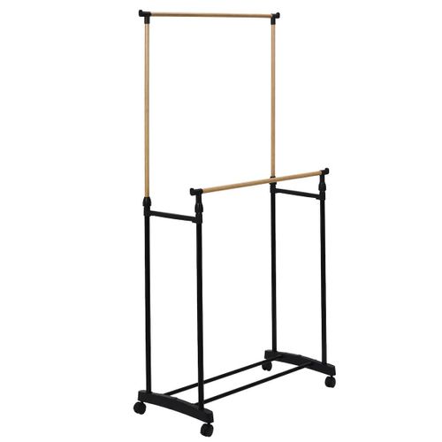Portant Double Hauteur Ajustable Sur Roulettes Noir Et Effet Bois -