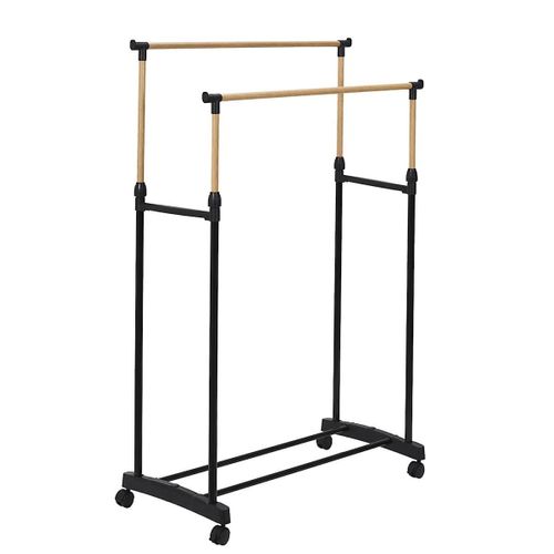 Portant Double Hauteur Ajustable Sur Roulettes Noir Et Effet Bois -