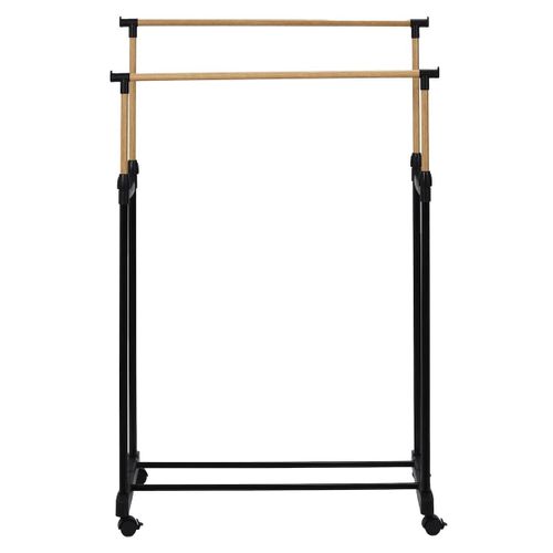 Portant Double Hauteur Ajustable Sur Roulettes Noir Et Effet Bois -