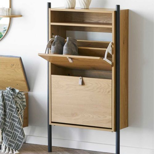 Meuble à Chaussures 2 Portes Basculantes En Mélaminé Aspect Chêne Clair - Valtis