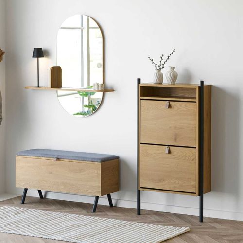 Meuble à Chaussures 2 Portes Basculantes En Mélaminé Aspect Chêne Clair - Valtis