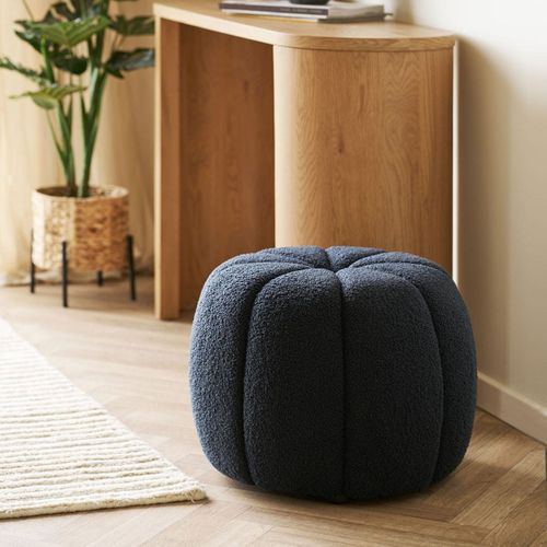 Pouf Rond En Tissu Bouclé Bleu Marine Pieds Mdf - Pumba