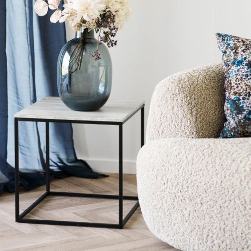 Bout De Canapé Carré Acier Et Plateau Aspect Travertin - Elrald