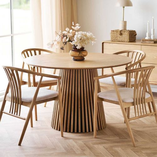 Table Repas Ronde Ø120cm Pied Central Relief Mdf Placage Chêne Clair - Dublin