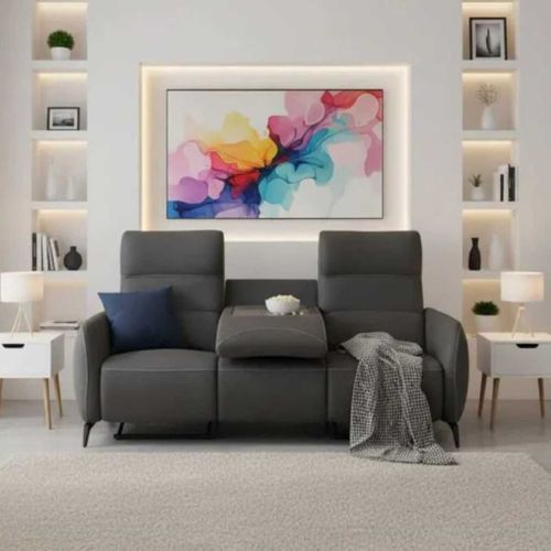 Canapé 3 Places Relax Électrique Tissu Micro Peau Ultra Doux Gris Foncé Avec Tablette Centrale - Sm