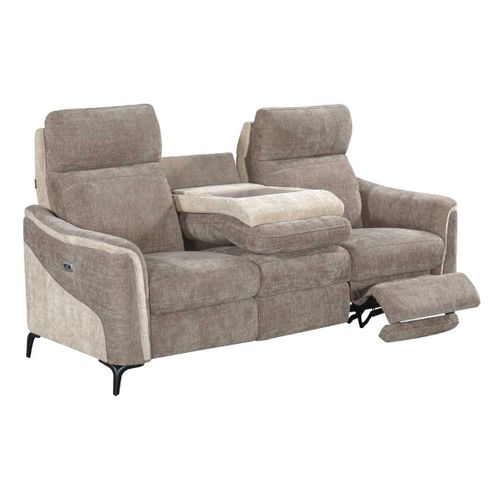 Canapé 3 Places Relax Électrique Tissu Maillé Ultra Doux Bicolore Moka Et Beige Avec Tablette Centr