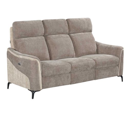 Canapé 3 Places Relax Électrique Tissu Maillé Ultra Doux Bicolore Moka Et Beige Avec Tablette Centr