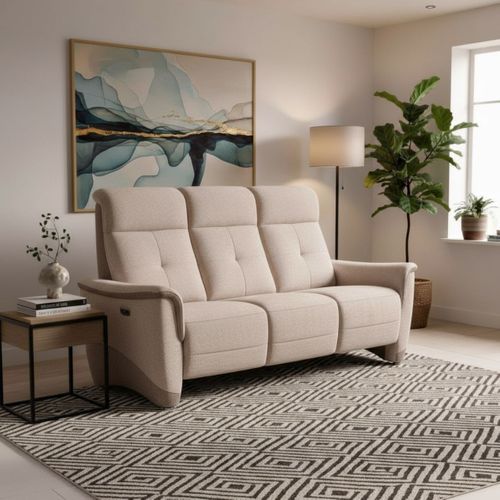 Canapé 3 Places Relax Électrique Tissu Maillé Ultra Doux Bicolore Beige Avec Tablette Centrale - Au