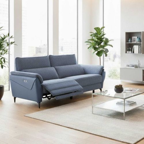 Canapé 3 Places Relax Électrique Bi-matière Tissu Chenillé Et Pvc Bleu - Celeste