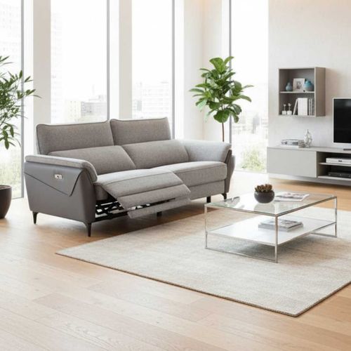 Canapé 3 Places Relax Électrique Bi-matière Tissu Chenillé Et Pvc Gris - Celeste