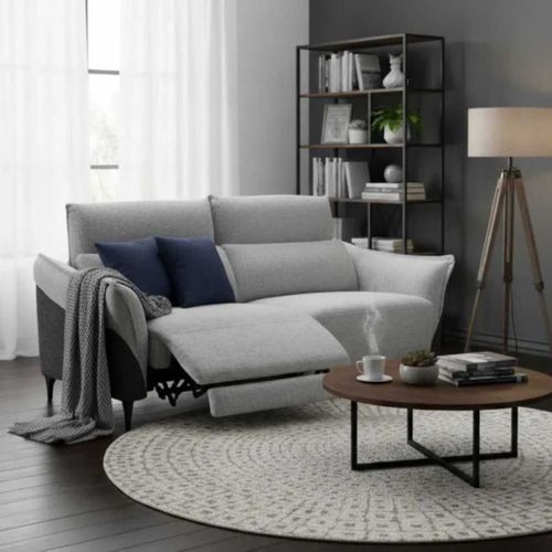 Canapé 2 Places Relax Électrique Tissu Chenillé Bicolore Gris Et Gris Carbone - Akenia