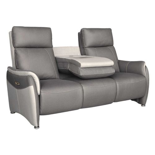 Canapé 3 Places Relax Électrique Tissu Micro Grain Gris Plomb Et Gris Perle Avec Tablette Centrale