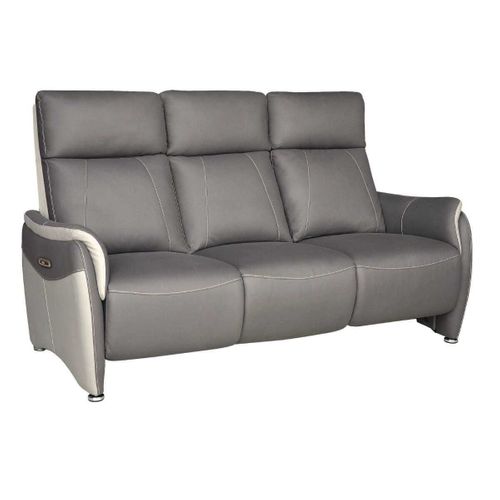 Canapé 3 Places Relax Électrique Tissu Micro Grain Gris Plomb Et Gris Perle Avec Tablette Centrale