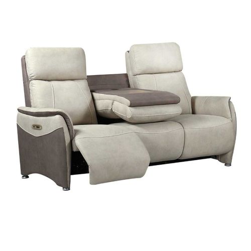 Canapé 3 Places Relax Électrique Tissu Micro Peau Brun Taupe Et Beige Mastic Avec Tablette Centrale