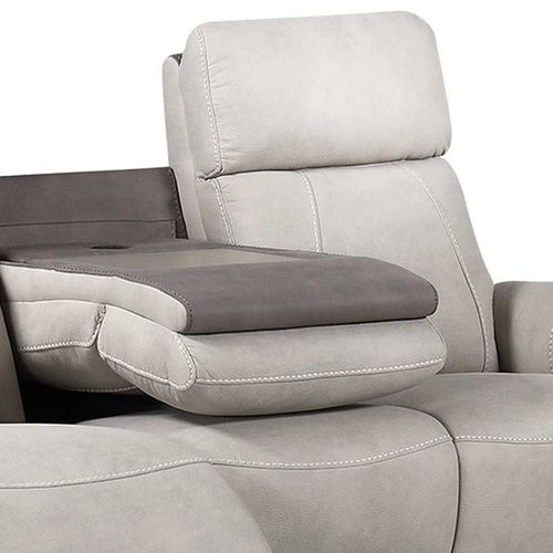 Canapé 3 Places Relax Électrique Tissu Micro Peau Brun Taupe Et Beige Mastic Avec Tablette Centrale