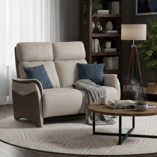 Canapé 2 Places Relax Électrique Tissu Micro Peau Brun Taupe Et Beige Mastic - Sangy