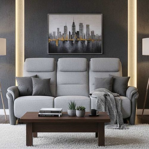 Canapé 3 Places Relax Électrique Tissu Polyester Gris Clair Et Gris Foncé Avec Tablette Centrale Im