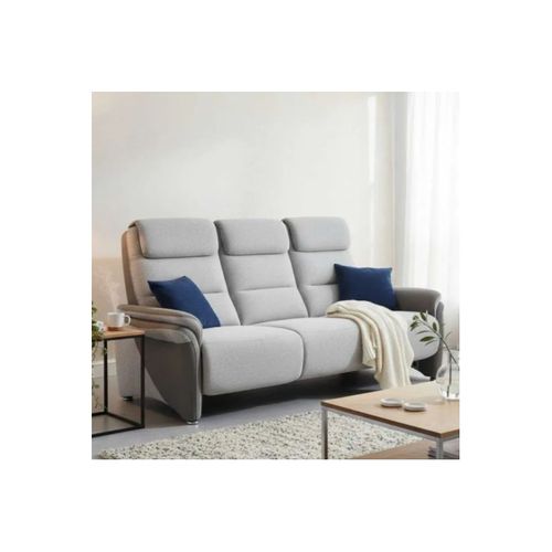 Canapé 3 Places Fixe Tissu Polyester Gris Clair Et Gris Foncé Avec Tablette Centrale Imitation Noye