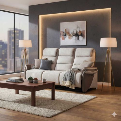 Canapé 3 Places Relax Électrique Tissu Micro Peau Brun Et Mastic Avec Tablette Centrale Imitation N