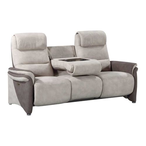 Canapé 3 Places Relax Électrique Tissu Micro Peau Brun Et Mastic Avec Tablette Centrale Imitation N