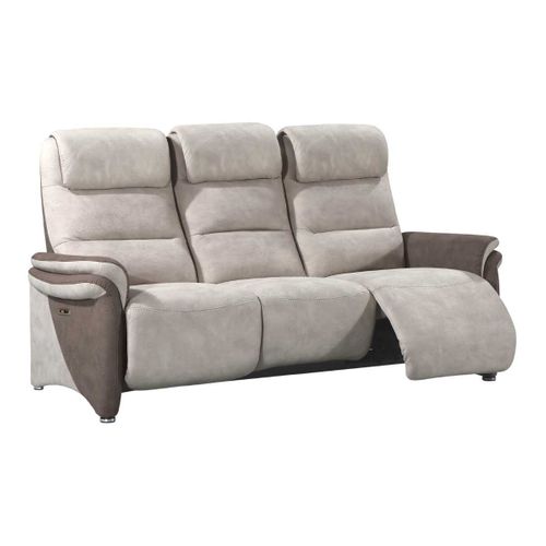 Canapé 3 Places Relax Électrique Tissu Micro Peau Brun Et Mastic Avec Tablette Centrale Imitation N