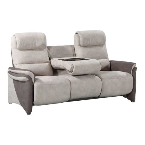 Canapé 3 Places Fixe Tissu Micro Peau Brun Et Mastic Avec Tablette Centrale Imitation Noyer - Nadir