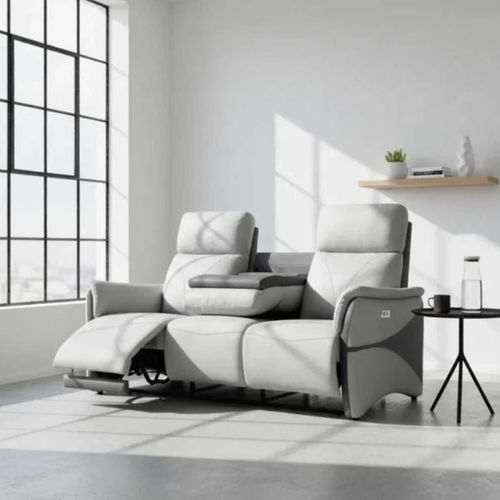 Canapé 3 Places Relax Électrique Tissu Micro Peau Bicolore Gris Avec Tablette Centrale - Symphony