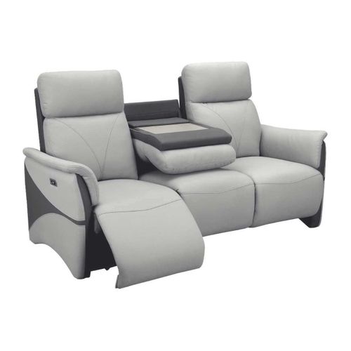 Canapé 3 Places Relax Électrique Tissu Micro Peau Bicolore Gris Avec Tablette Centrale - Symphony