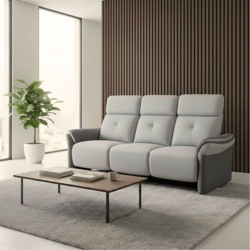 Canapé 3 Places Fixe Tissu Micro Grain Gris Perle Et Gris Plomb + Tablette Centrale Imitation Noyer