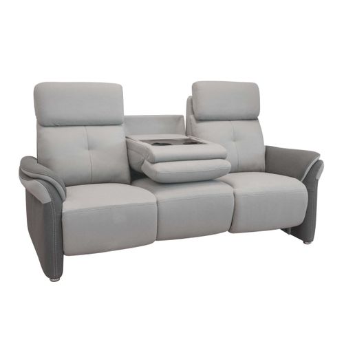 Canapé 3 Places Fixe Tissu Micro Grain Gris Perle Et Gris Plomb + Tablette Centrale Imitation Noyer