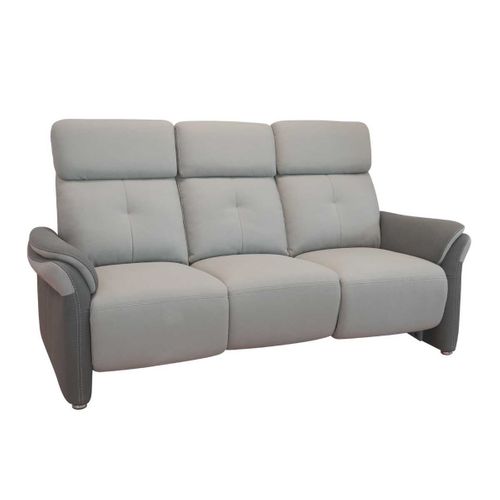 Canapé 3 Places Fixe Tissu Micro Grain Gris Perle Et Gris Plomb + Tablette Centrale Imitation Noyer