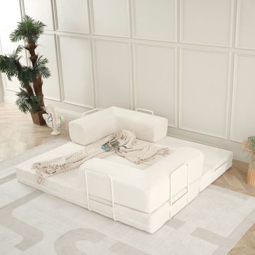 Canapé-lit 2 Places Modulable En Mousse Et Tissu Velours Coloris Crème - Edna