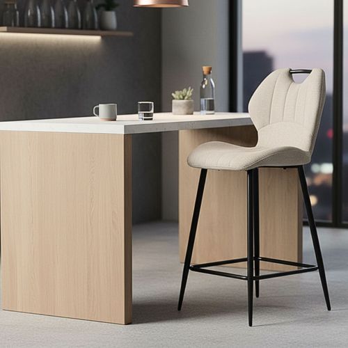 Lot De 2 Tabourets De Bar En Tissu Polyester Maillé Beige Avec Poignée Et Pieds En Métal Laqué Noir