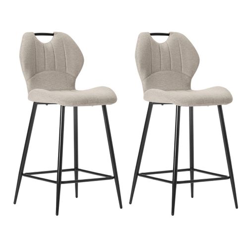 Lot De 2 Tabourets De Bar En Tissu Polyester Maillé Beige Avec Poignée Et Pieds En Métal Laqué Noir