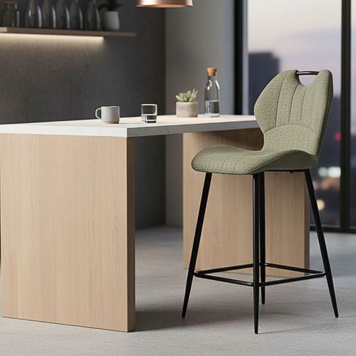 Lot De 2 Tabourets De Bar En Tissu Polyester Maillé Vert Avec Poignée Et Pieds En Métal Laqué Noir