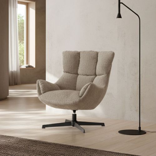Fauteuil Pivotant Grand Confort En Tissu Chenillé Crème Piètement Métal Laqué Noir - Linette