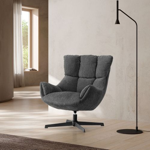 Fauteuil Pivotant Grand Confort En Tissu Chenillé Gris Piètement Métal Laqué Noir - Linette