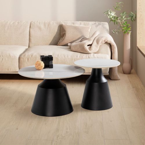 Ensemble De 2 Tables Basses Plateaux Céramique Imitation Marbre Blanc Pied Central En Métal - Reyli